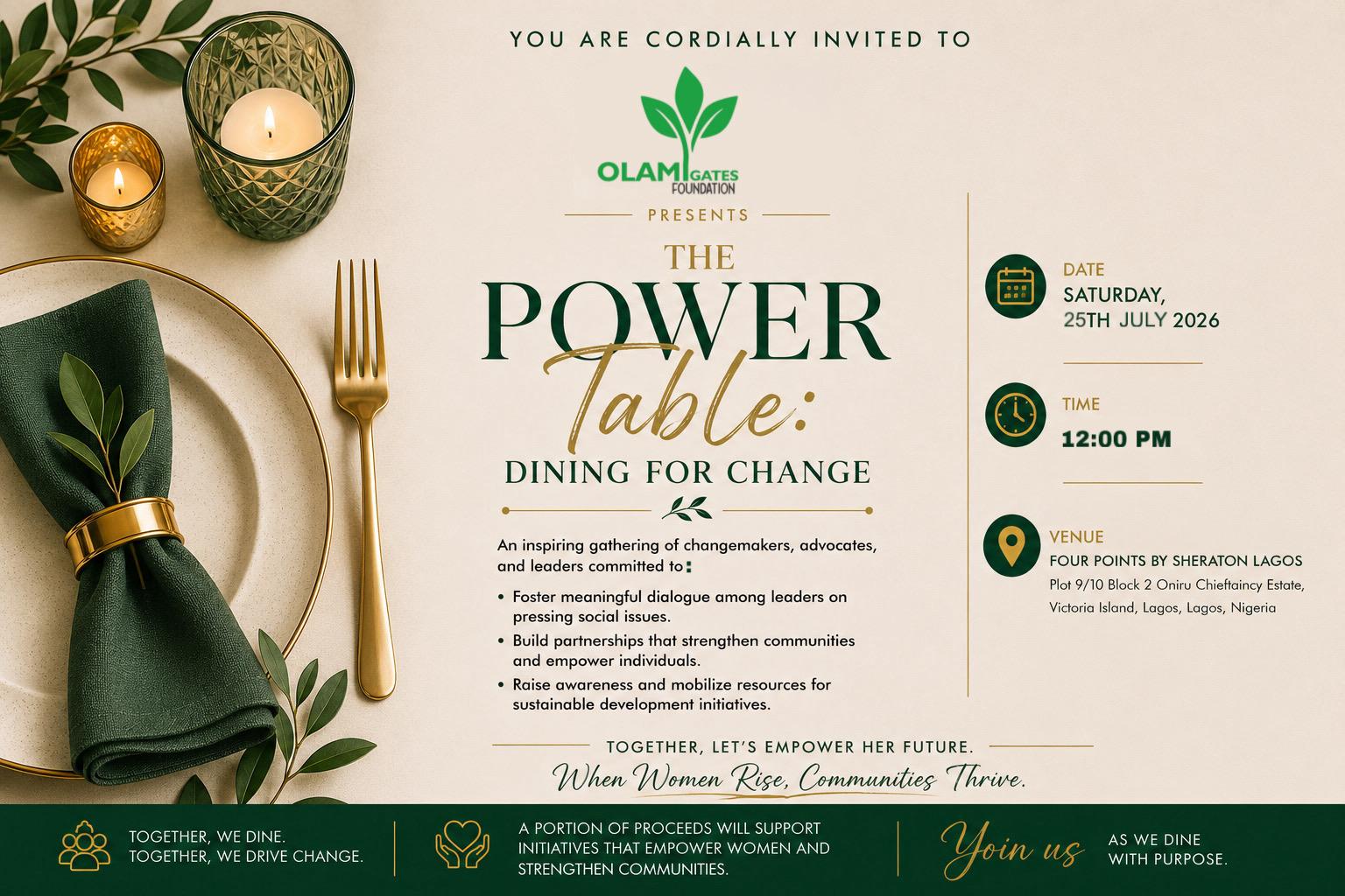 Invitation flyer for The Power Table: Dining for Change, hosted by Olami Gates Foundation